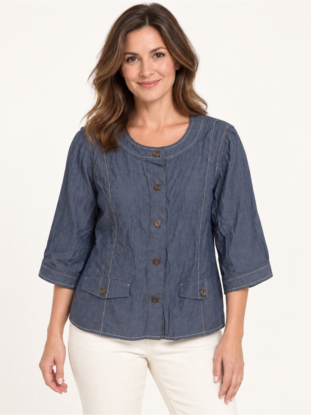 NEW Denim & Co. Women Blue Stretch Chambray Button Front 3/4 Sleeve Jacket M